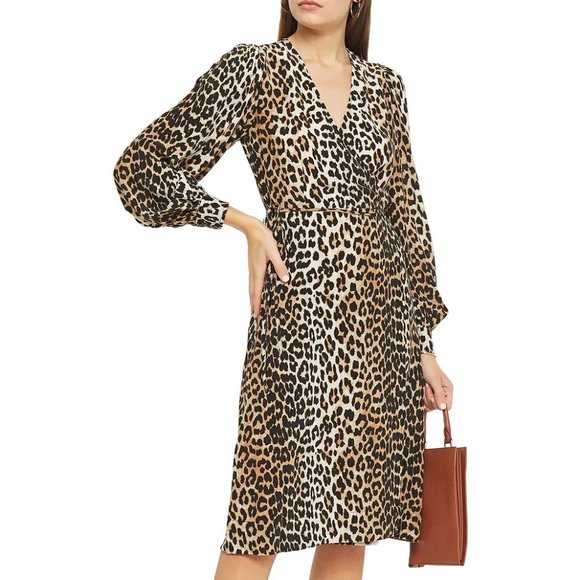 Ganni Dresses & Skirts - GANNI Leopard-print crepe de chine wrap dress
